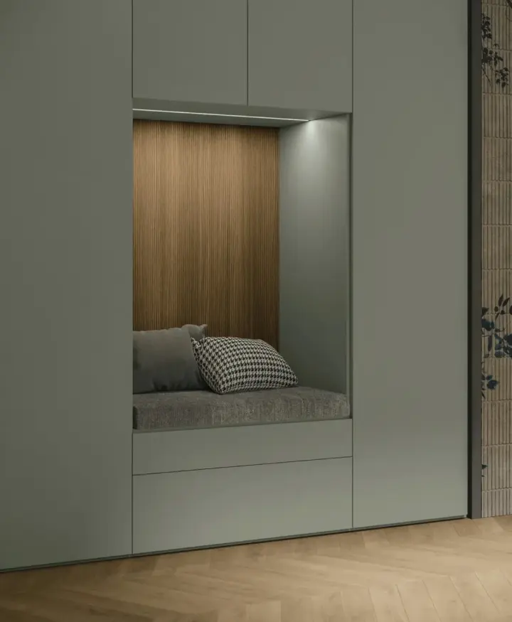 Armadio Logica Plus in finitura verde salvia, con nicchia a giorno illuminata e seduta imbottita