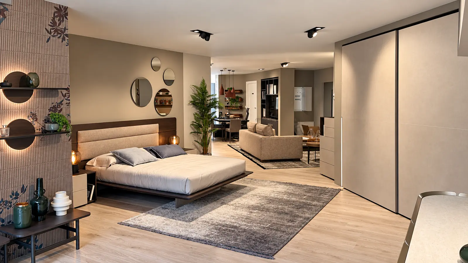 Zona notte dello showroom con letto matrimoniale, parete decorativa e armadio a tutta altezza